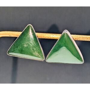 Vintage Signed Sterling Silver Nephrite Jade Stone Triangle Stud Earrings